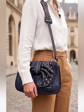 3.1 Phillip Lim Navy Blue Leather Studded Shoulder Bag with Gold Accents